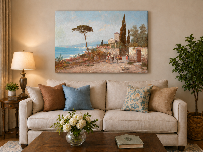 Landscape Oil Painting - Mediterranean Coastal Village, Cypresses