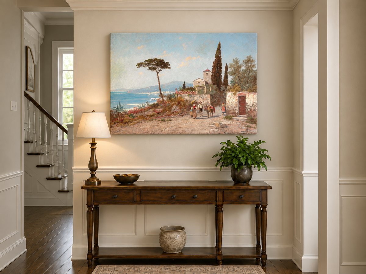 Landscape Oil Painting - Mediterranean Coastal Village, Cypresses
