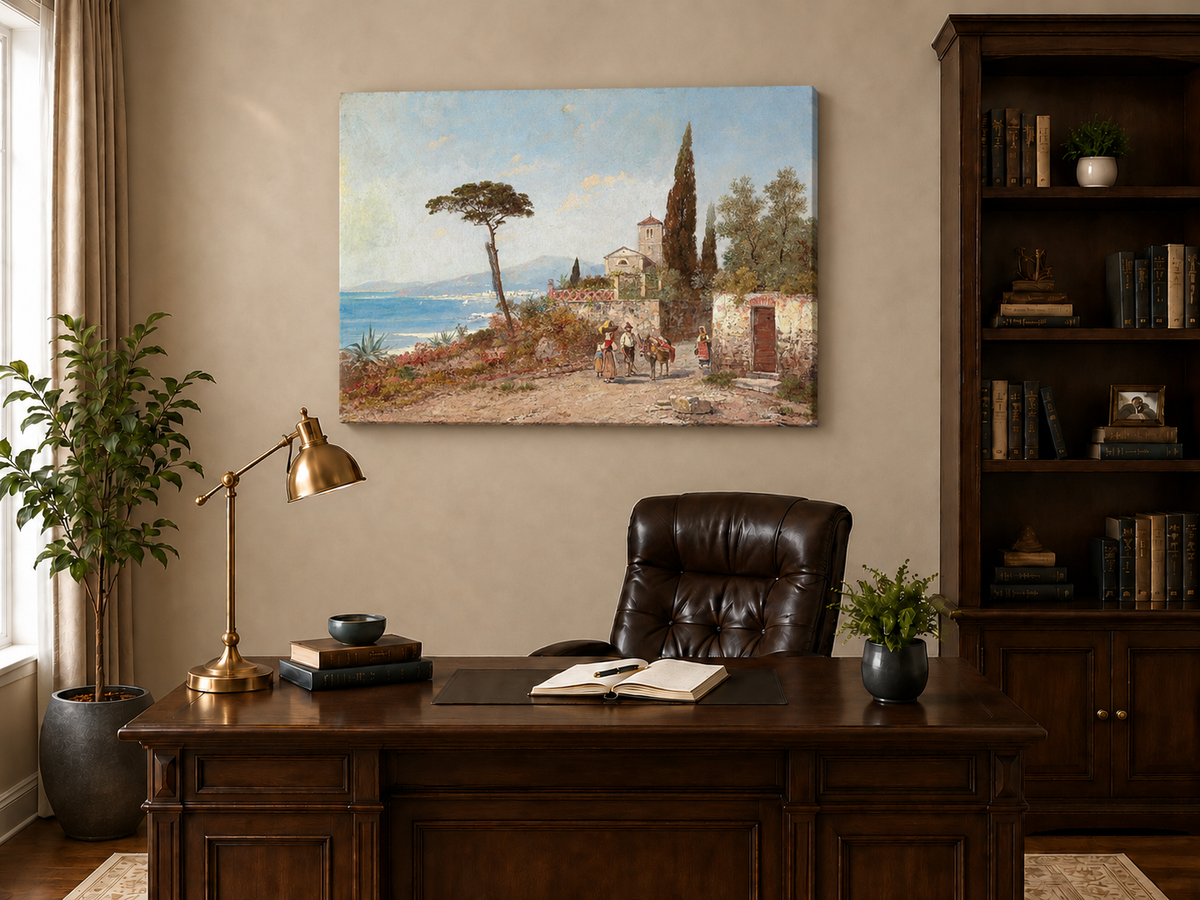 Landscape Oil Painting - Mediterranean Coastal Village, Cypresses