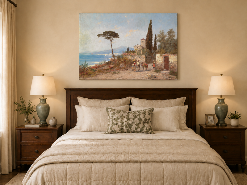 Landscape Oil Painting - Mediterranean Coastal Village, Cypresses
