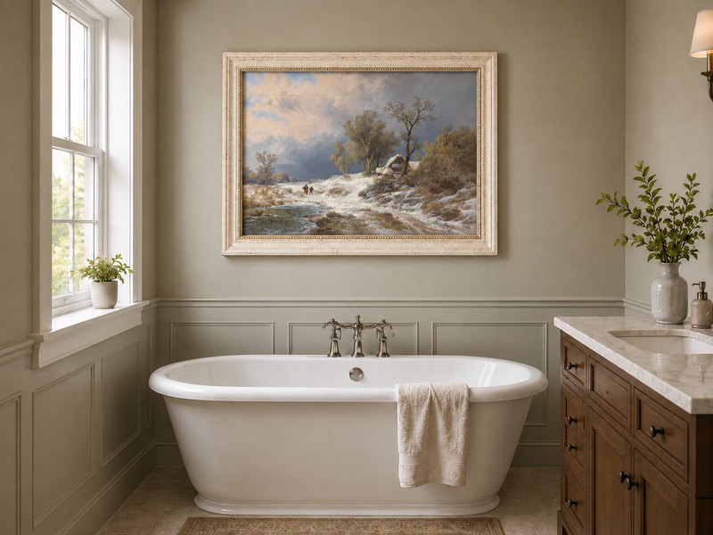 Landscape Oil Painting - Winter Rural Snow, Trees & Partly Frozen