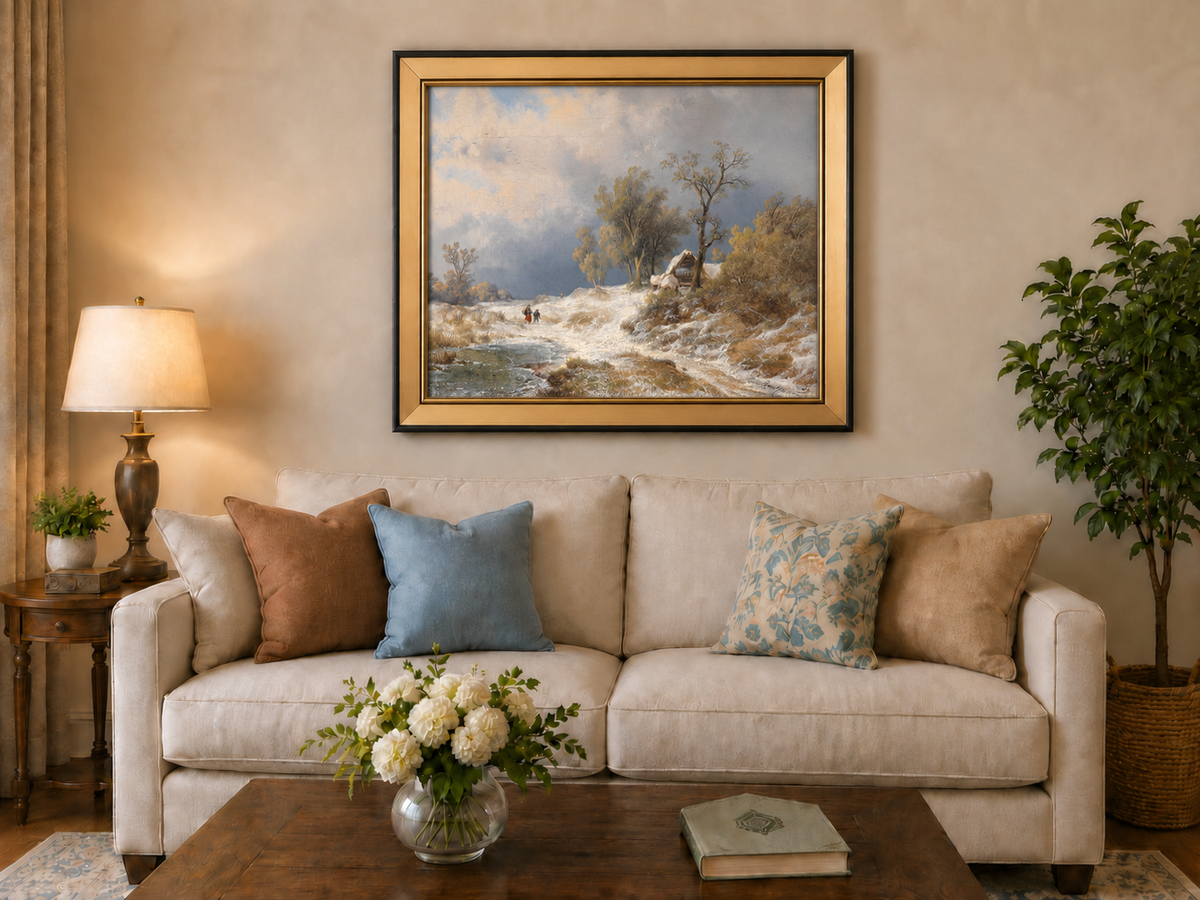Landscape Oil Painting - Winter Rural Snow, Trees & Partly Frozen