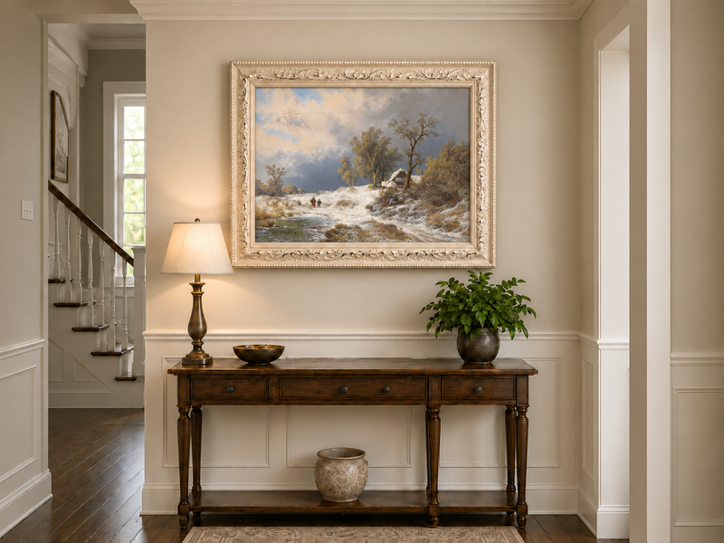 Landscape Oil Painting - Winter Rural Snow, Trees & Partly Frozen