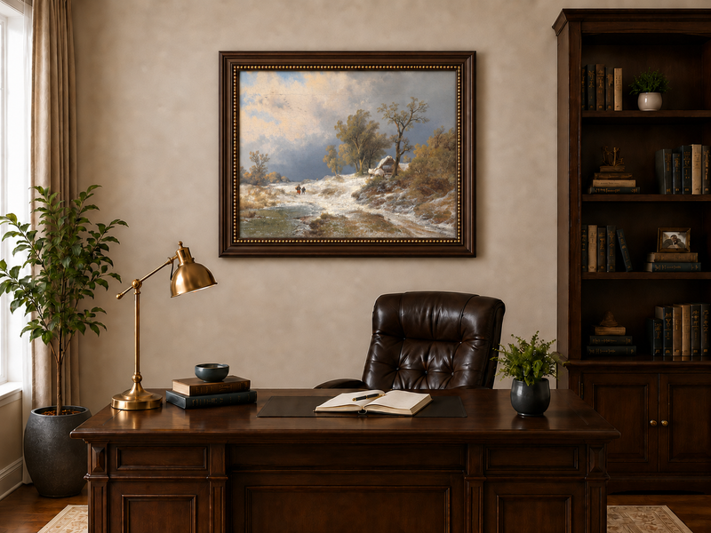 Landscape Oil Painting - Winter Rural Snow, Trees & Partly Frozen