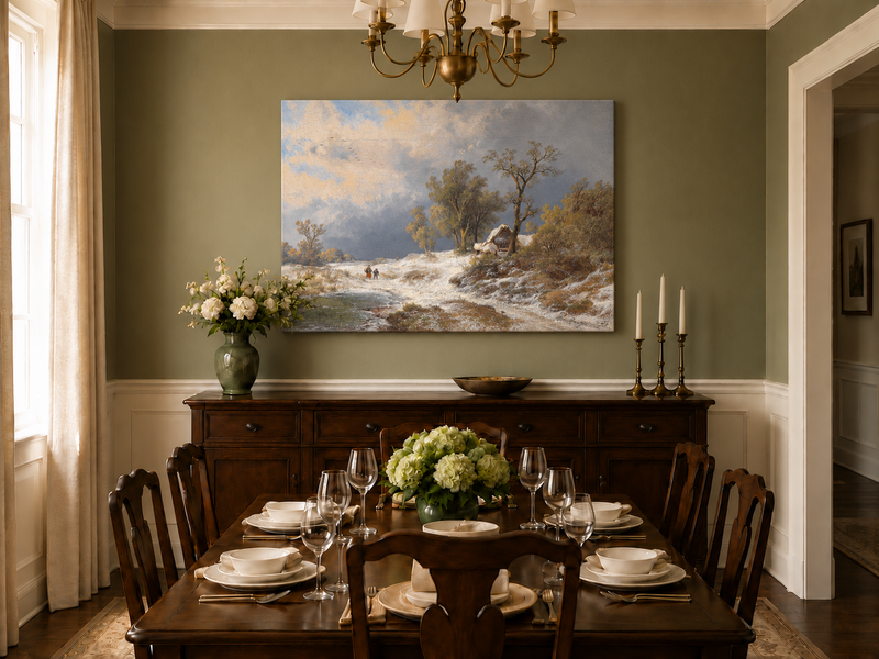 Landscape Oil Painting - Winter Rural Snow, Trees & Partly Frozen