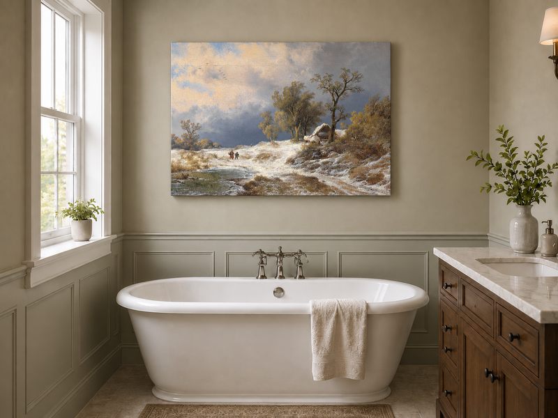 Landscape Oil Painting - Winter Rural Snow, Trees & Partly Frozen