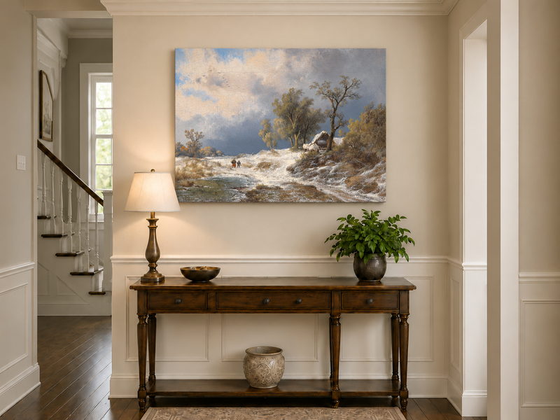 Landscape Oil Painting - Winter Rural Snow, Trees & Partly Frozen