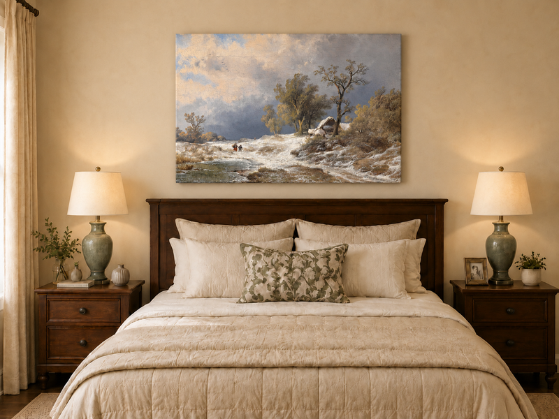 Landscape Oil Painting - Winter Rural Snow, Trees & Partly Frozen
