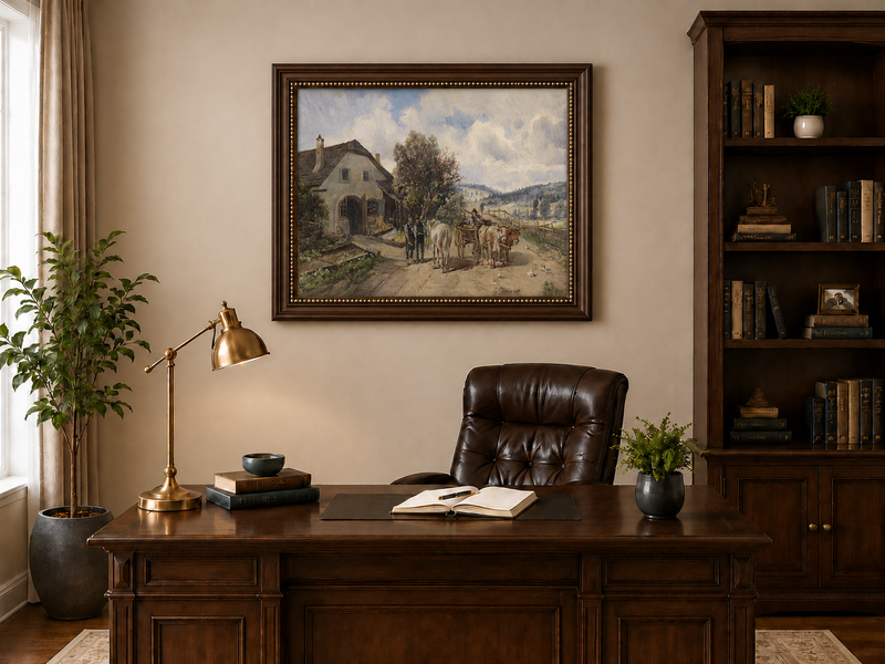 Ölgemälde Landschaft – Ländliches Landhaus, Ochsenkarren, Figuren &