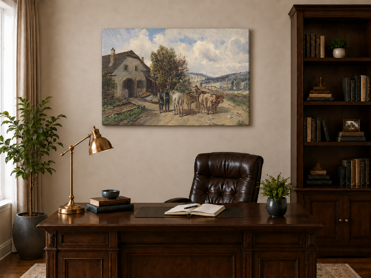 Ölgemälde Landschaft – Ländliches Landhaus, Ochsenkarren, Figuren &