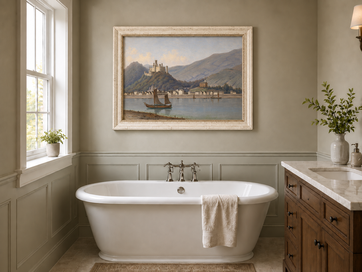 Landscape Oil Painting - Riverside Town & Castle