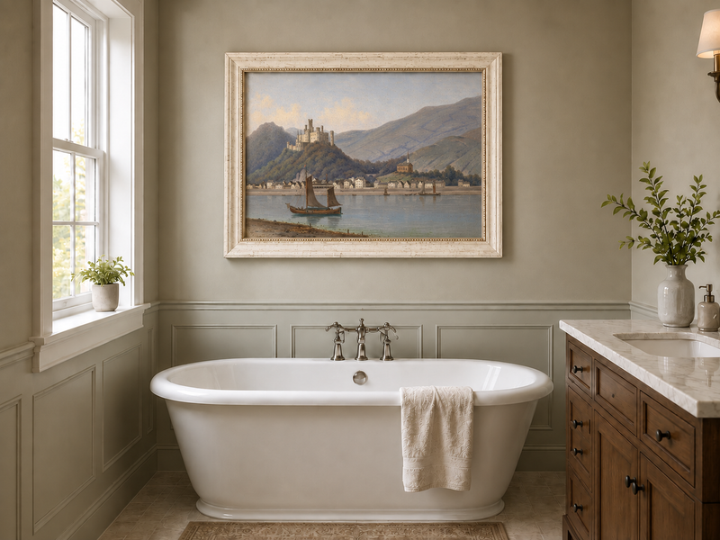 Landscape Oil Painting - Riverside Town & Castle