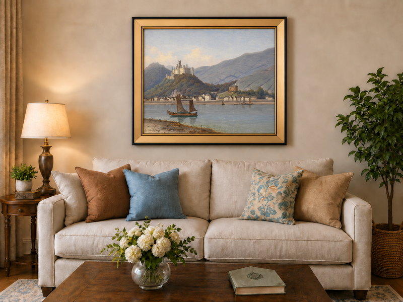 Landscape Oil Painting - Riverside Town & Castle