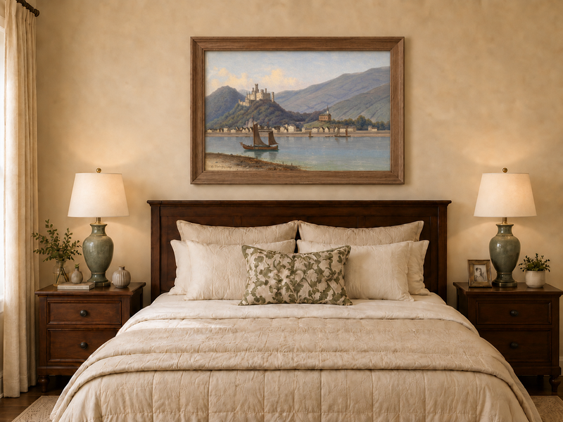 Landscape Oil Painting - Riverside Town & Castle