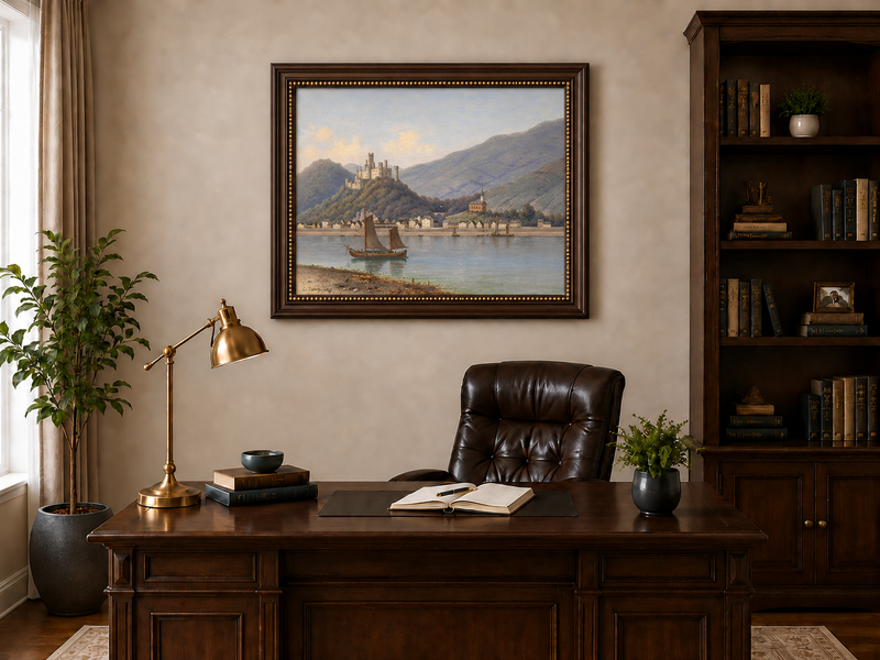 Landscape Oil Painting - Riverside Town & Castle