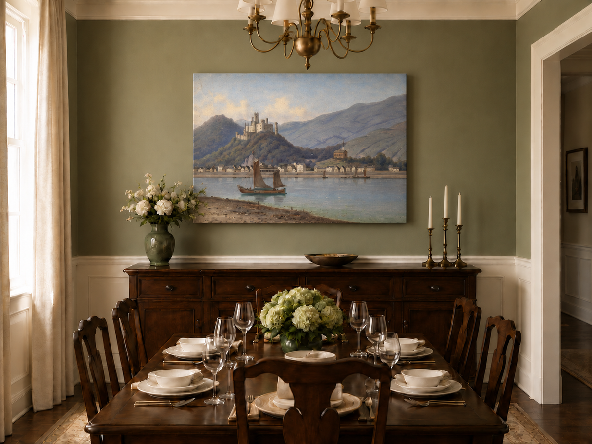 Landscape Oil Painting - Riverside Town & Castle