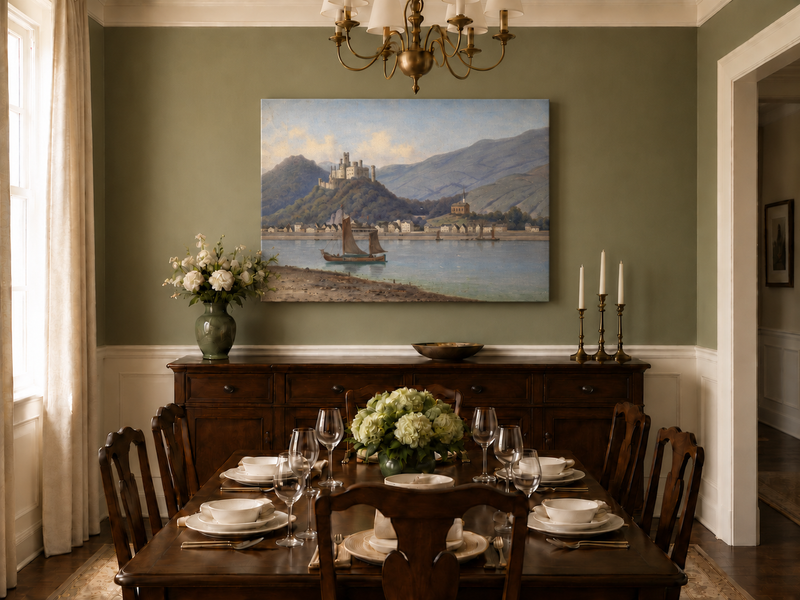Landscape Oil Painting - Riverside Town & Castle