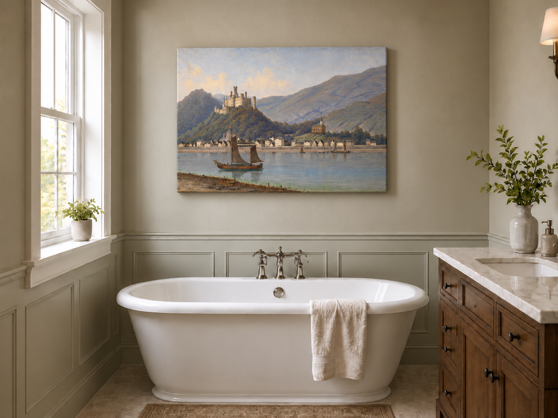 Landscape Oil Painting - Riverside Town & Castle