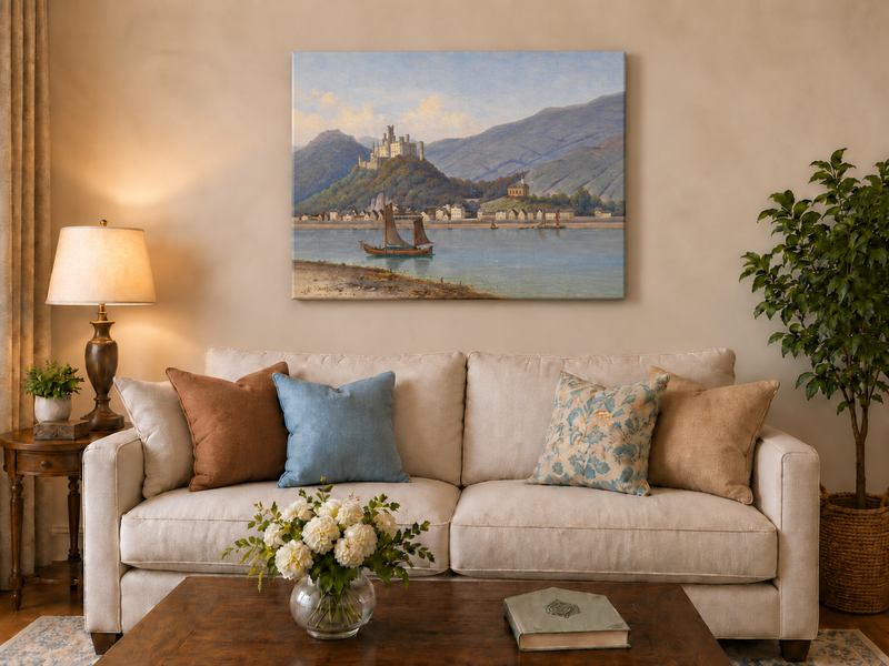 Landscape Oil Painting - Riverside Town & Castle