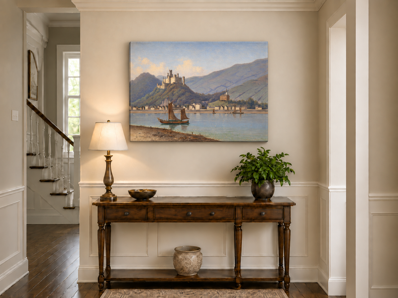 Landscape Oil Painting - Riverside Town & Castle