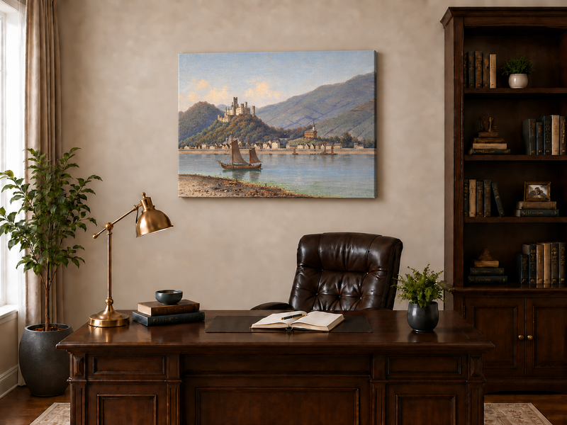 Landscape Oil Painting - Riverside Town & Castle