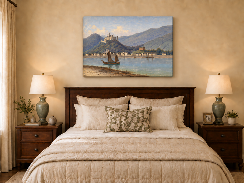 Landscape Oil Painting - Riverside Town & Castle