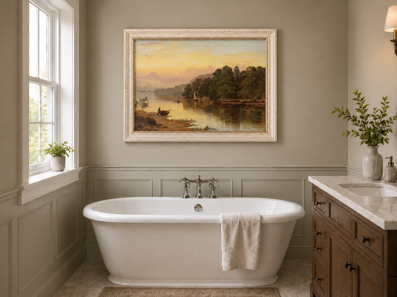 Peinture à l'huile de paysage - Coucher de soleil au bord du lac, Bateau, Personnage et Forêt