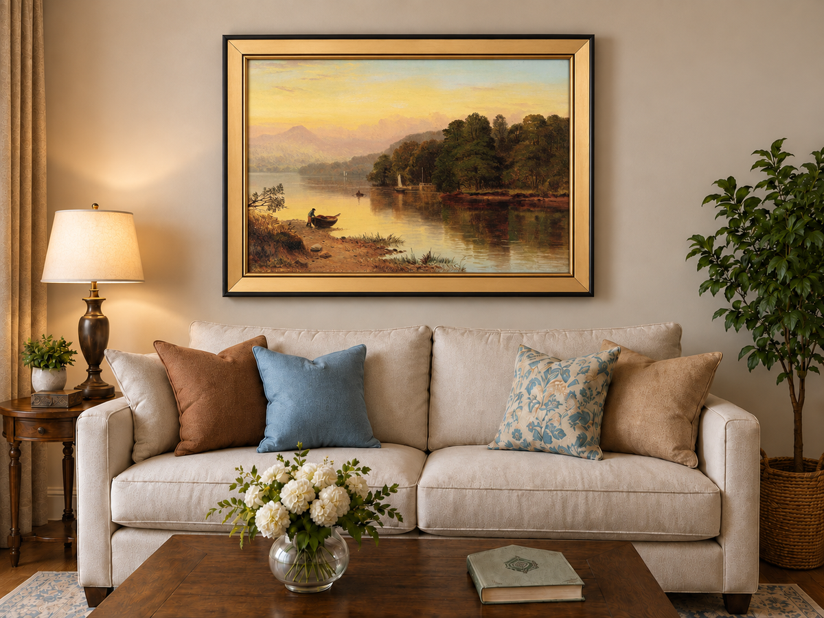 Peinture à l'huile de paysage - Coucher de soleil au bord du lac, Bateau, Personnage et Forêt
