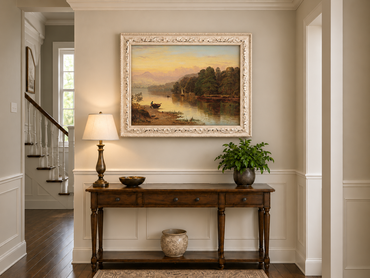 Peinture à l'huile de paysage - Coucher de soleil au bord du lac, Bateau, Personnage et Forêt