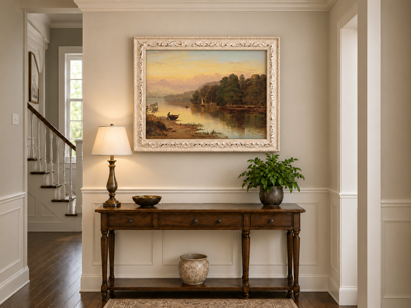 Peinture à l'huile de paysage - Coucher de soleil au bord du lac, Bateau, Personnage et Forêt