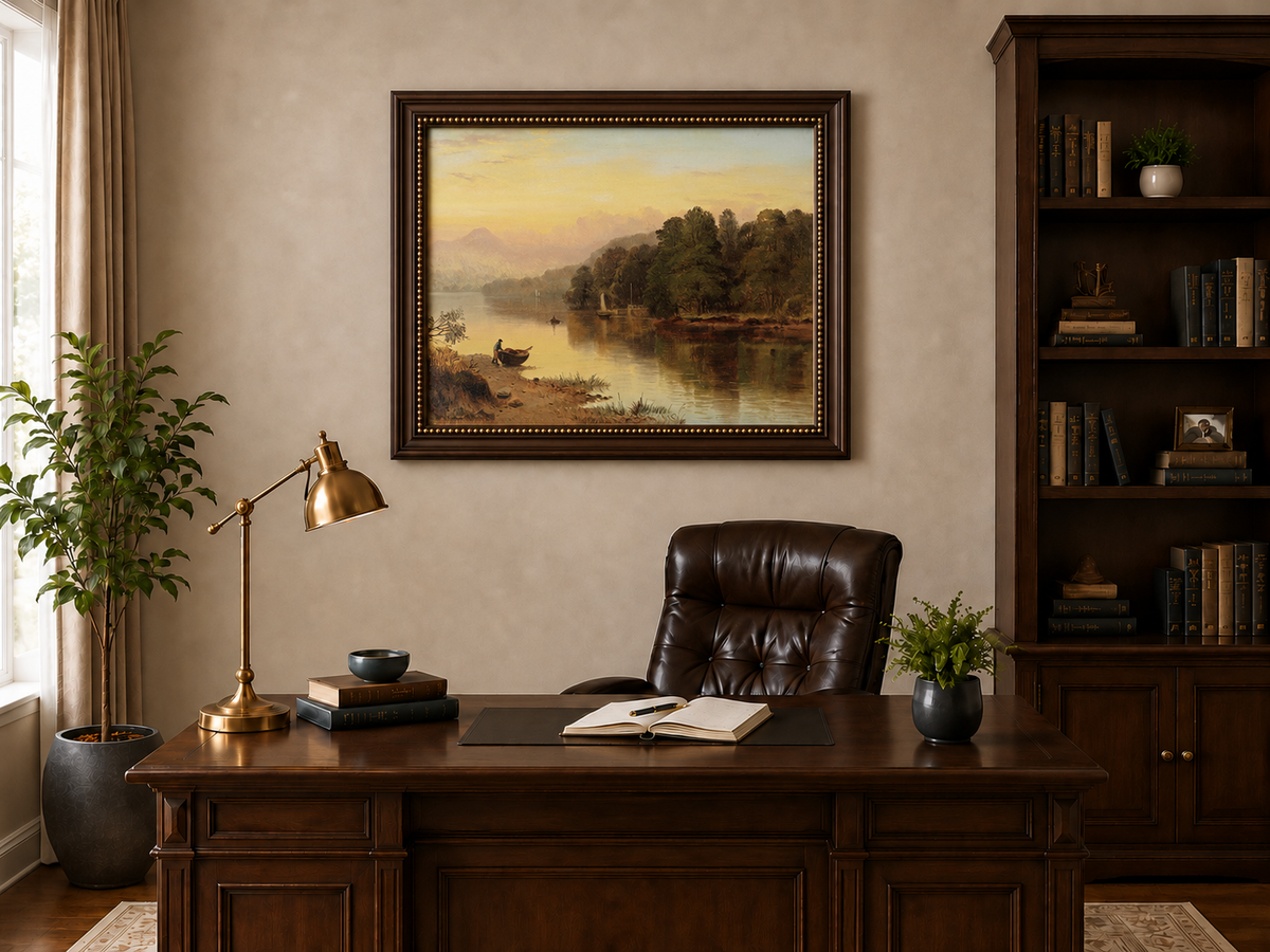 Peinture à l'huile de paysage - Coucher de soleil au bord du lac, Bateau, Personnage et Forêt
