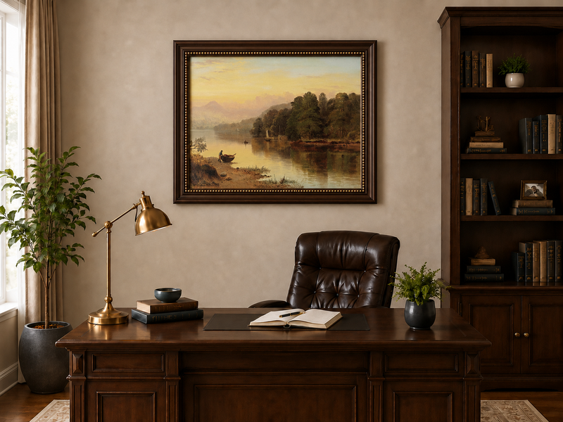 Peinture à l'huile de paysage - Coucher de soleil au bord du lac, Bateau, Personnage et Forêt