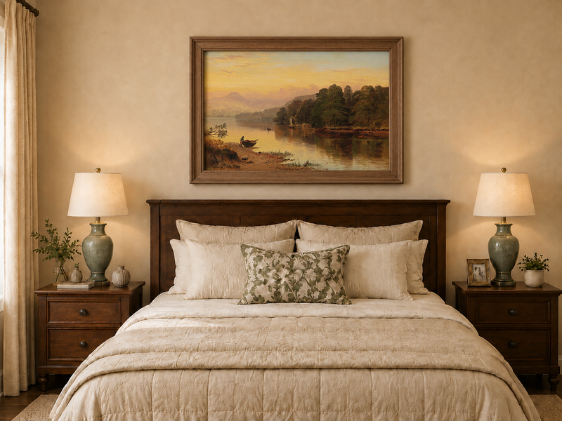 Peinture à l'huile de paysage - Coucher de soleil au bord du lac, Bateau, Personnage et Forêt
