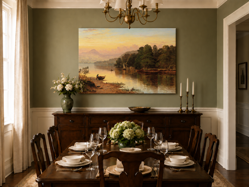 Peinture à l'huile de paysage - Coucher de soleil au bord du lac, Bateau, Personnage et Forêt