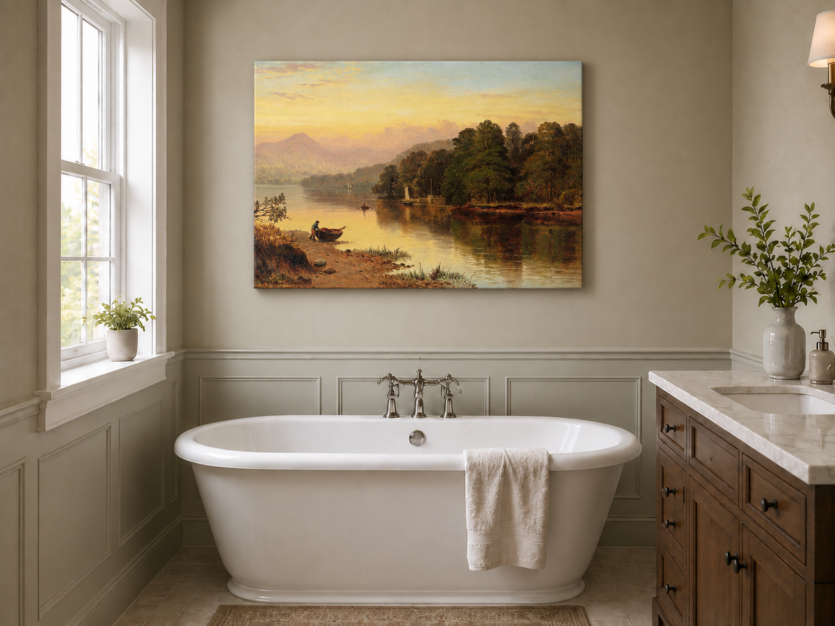 Peinture à l'huile de paysage - Coucher de soleil au bord du lac, Bateau, Personnage et Forêt