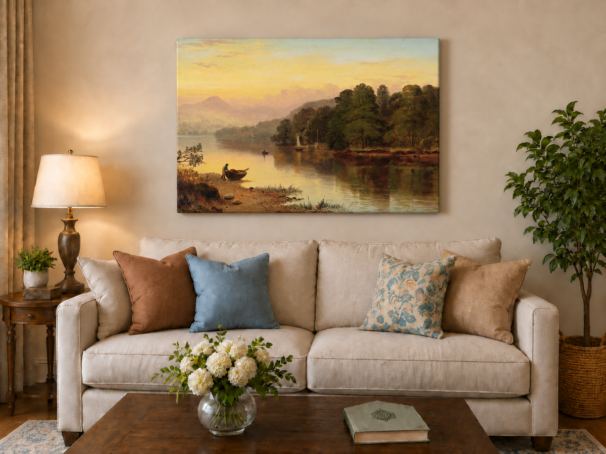 Peinture à l'huile de paysage - Coucher de soleil au bord du lac, Bateau, Personnage et Forêt