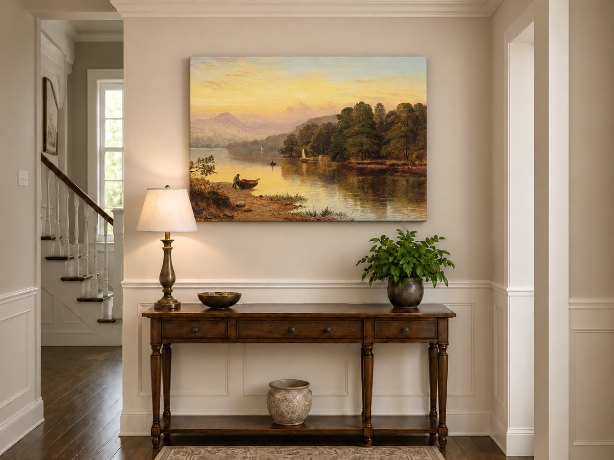 Peinture à l'huile de paysage - Coucher de soleil au bord du lac, Bateau, Personnage et Forêt