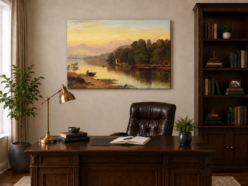 Peinture à l'huile de paysage - Coucher de soleil au bord du lac, Bateau, Personnage et Forêt
