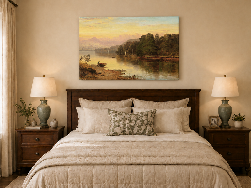 Peinture à l'huile de paysage - Coucher de soleil au bord du lac, Bateau, Personnage et Forêt