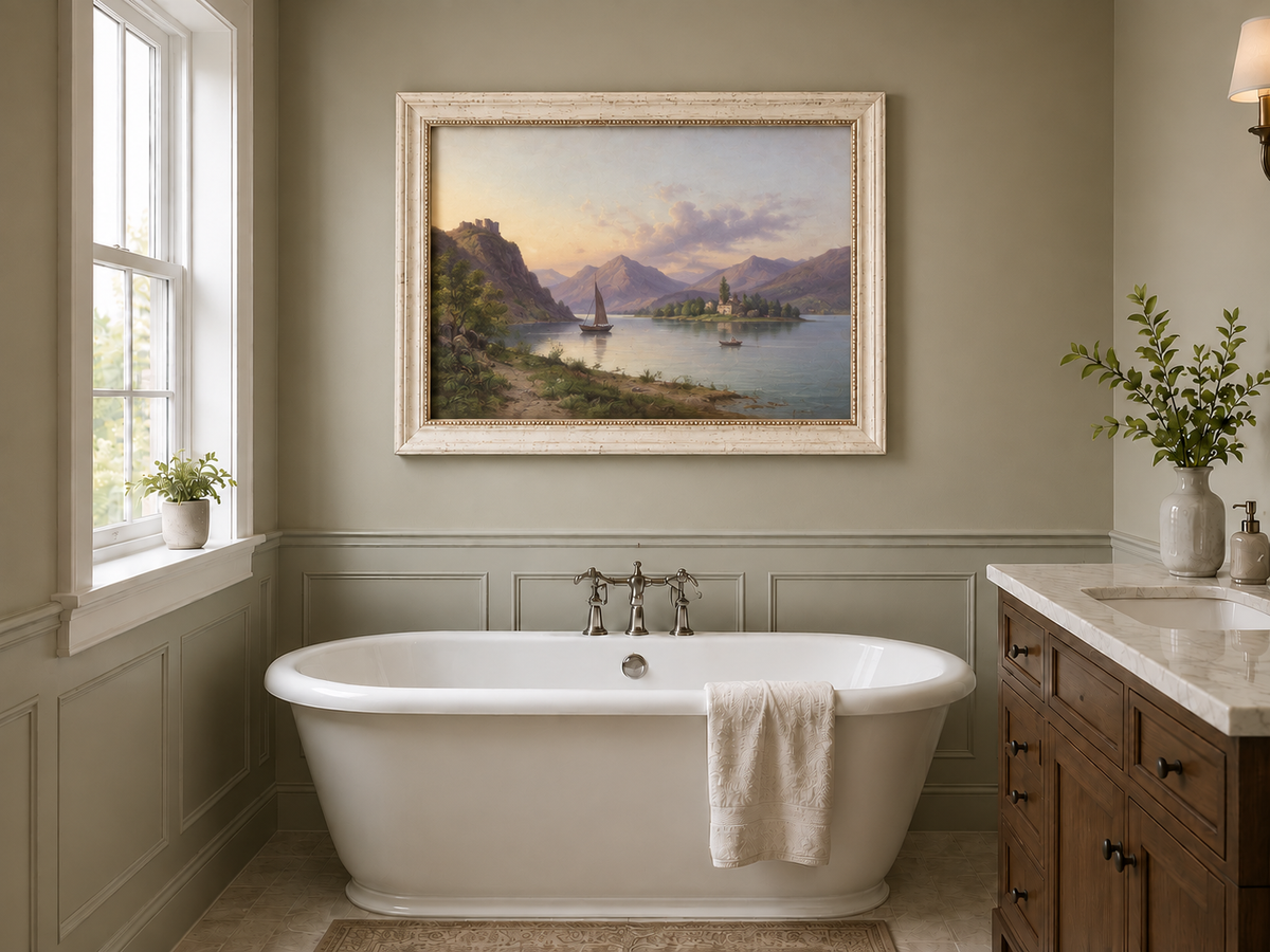 Peinture à l'huile de paysage - Soirée au bord du lac, voilier et montagne