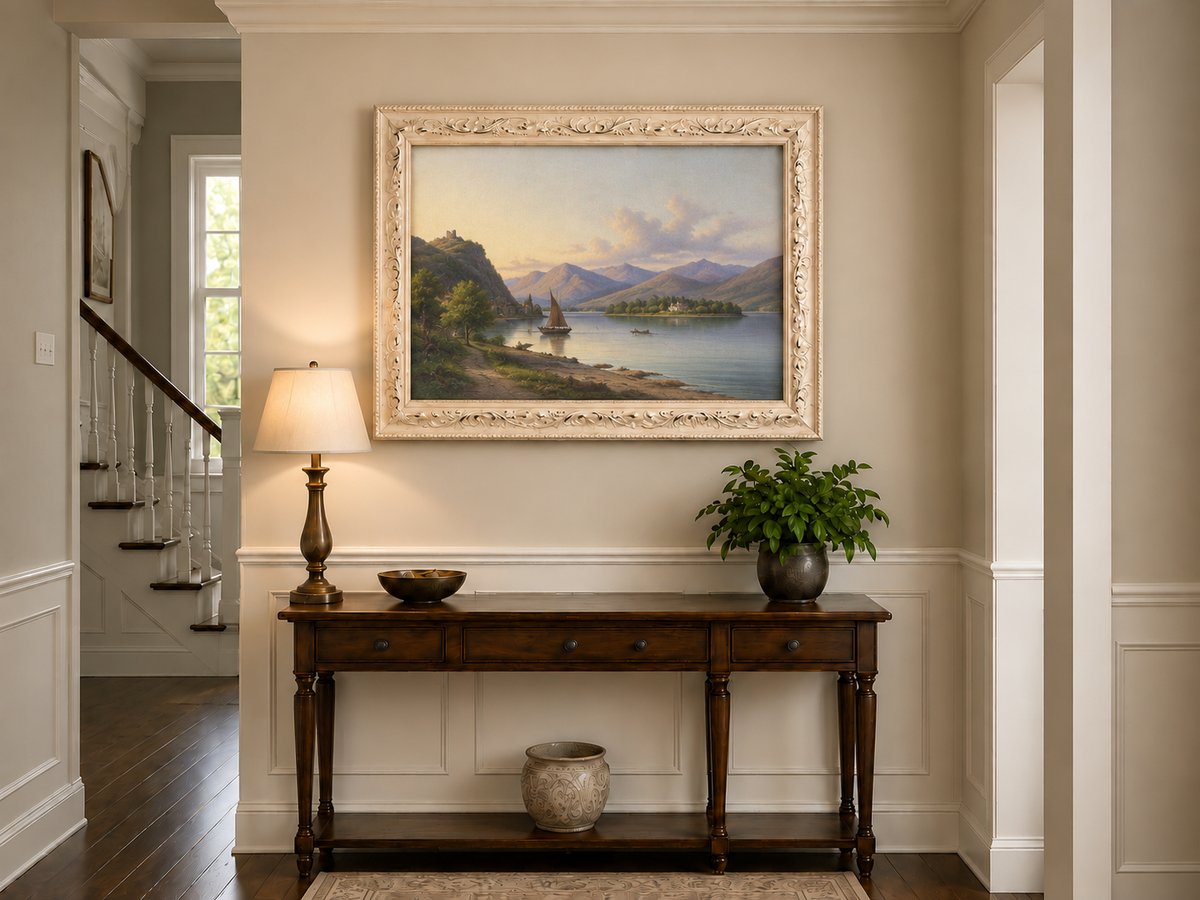 Peinture à l'huile de paysage - Soirée au bord du lac, voilier et montagne