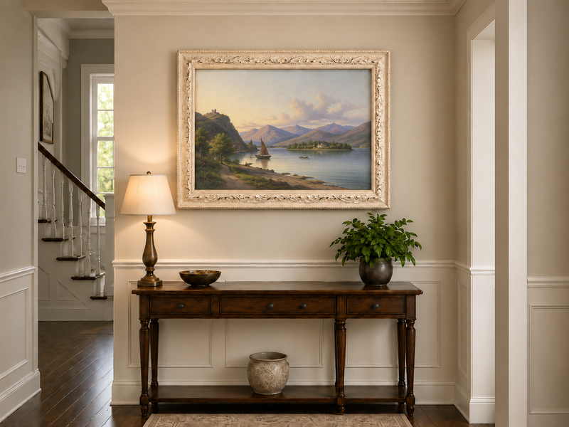 Peinture à l'huile de paysage - Soirée au bord du lac, voilier et montagne