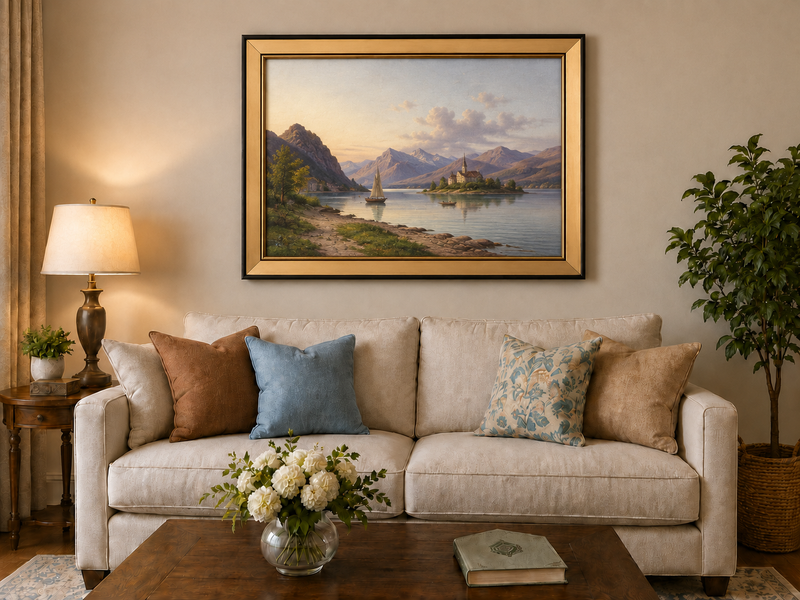 Peinture à l'huile de paysage - Soirée au bord du lac, voilier et montagne