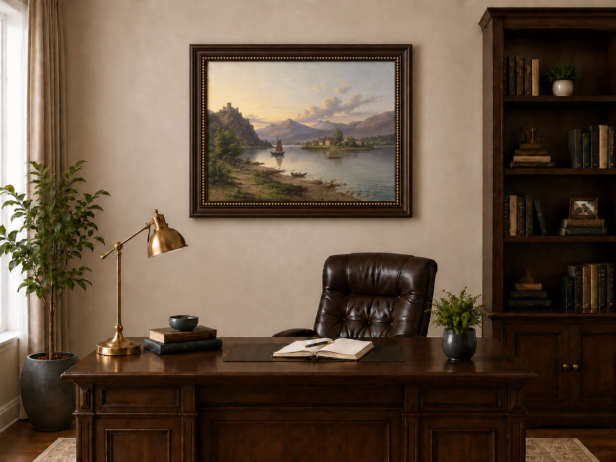 Peinture à l'huile de paysage - Soirée au bord du lac, voilier et montagne