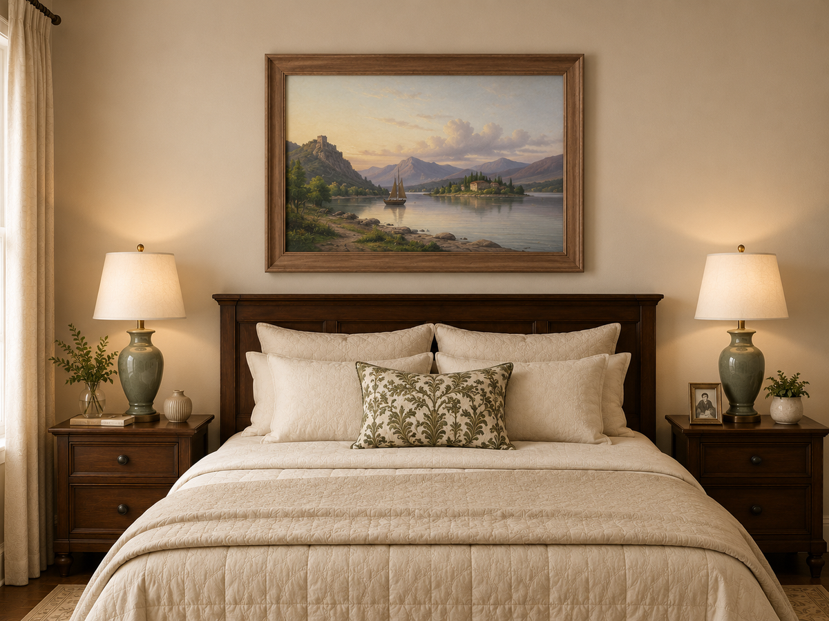 Peinture à l'huile de paysage - Soirée au bord du lac, voilier et montagne