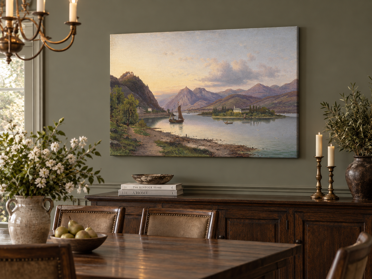 Peinture à l'huile de paysage - Soirée au bord du lac, voilier et montagne