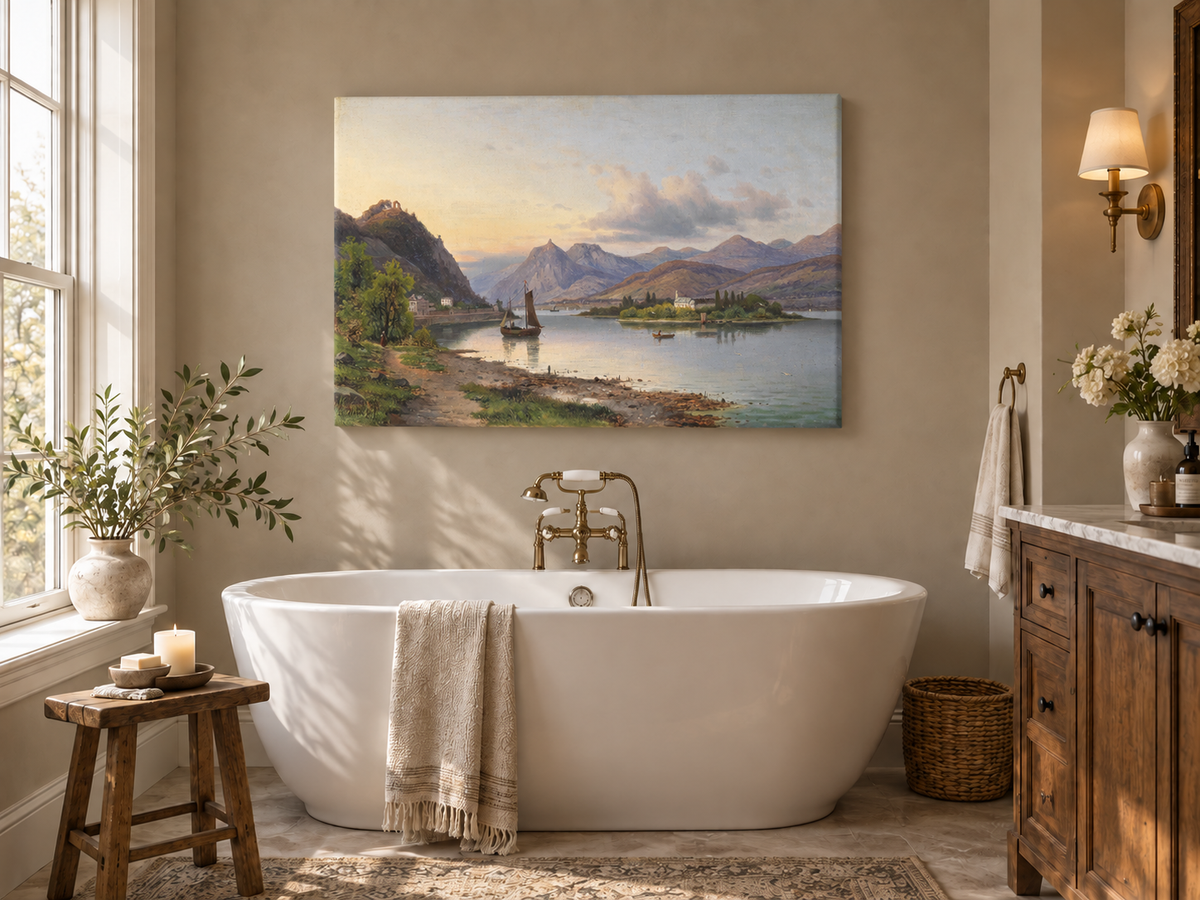 Peinture à l'huile de paysage - Soirée au bord du lac, voilier et montagne