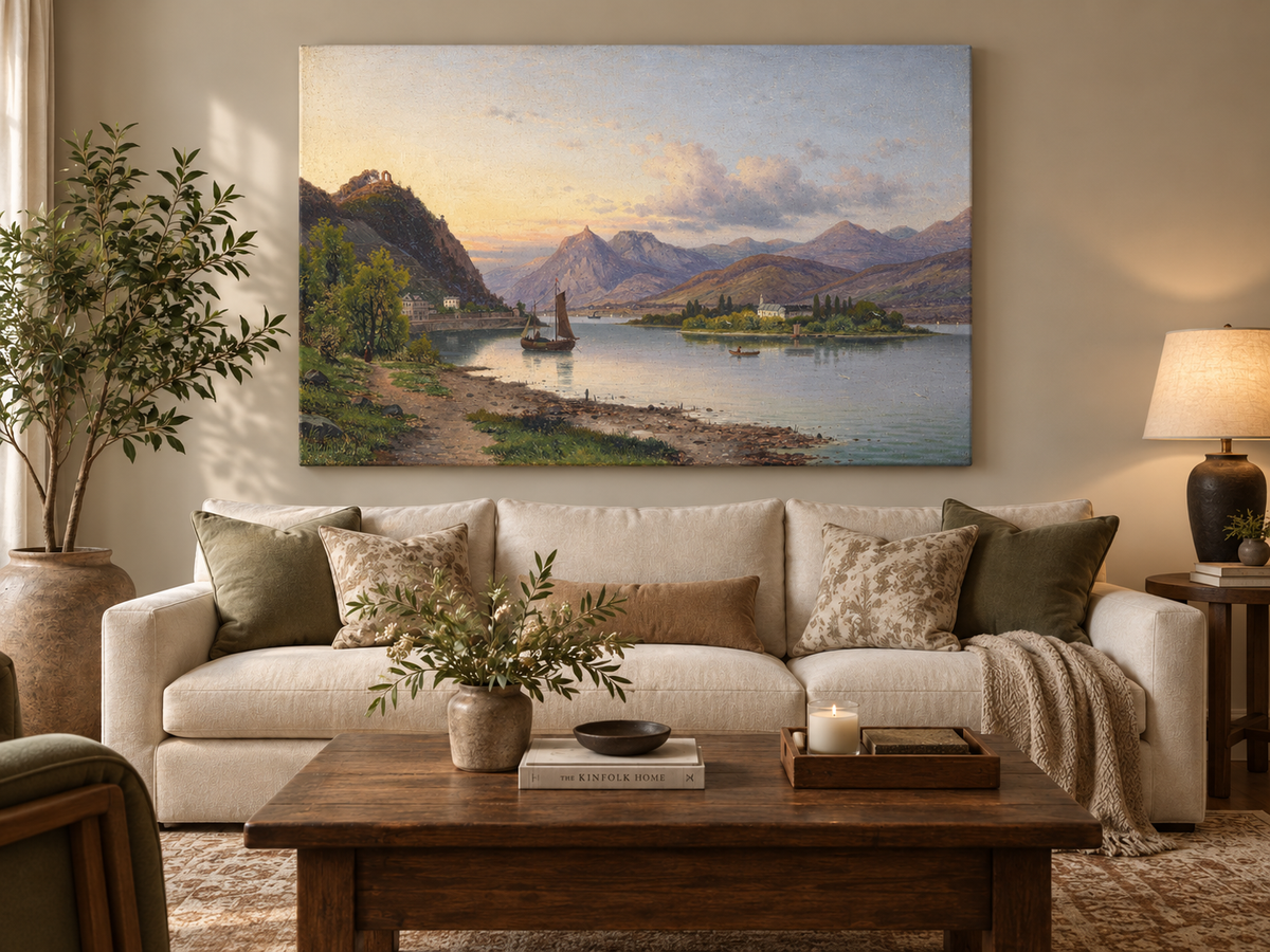Peinture à l'huile de paysage - Soirée au bord du lac, voilier et montagne