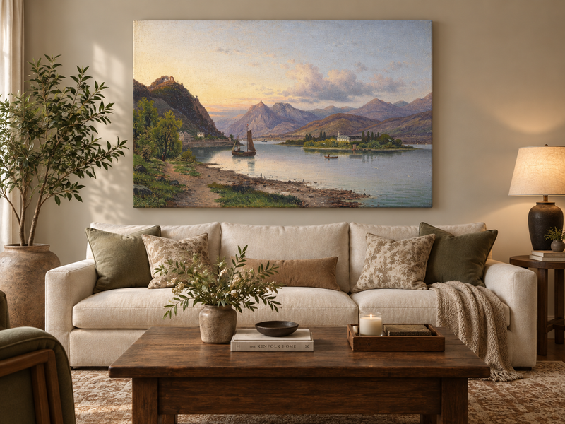 Peinture à l'huile de paysage - Soirée au bord du lac, voilier et montagne