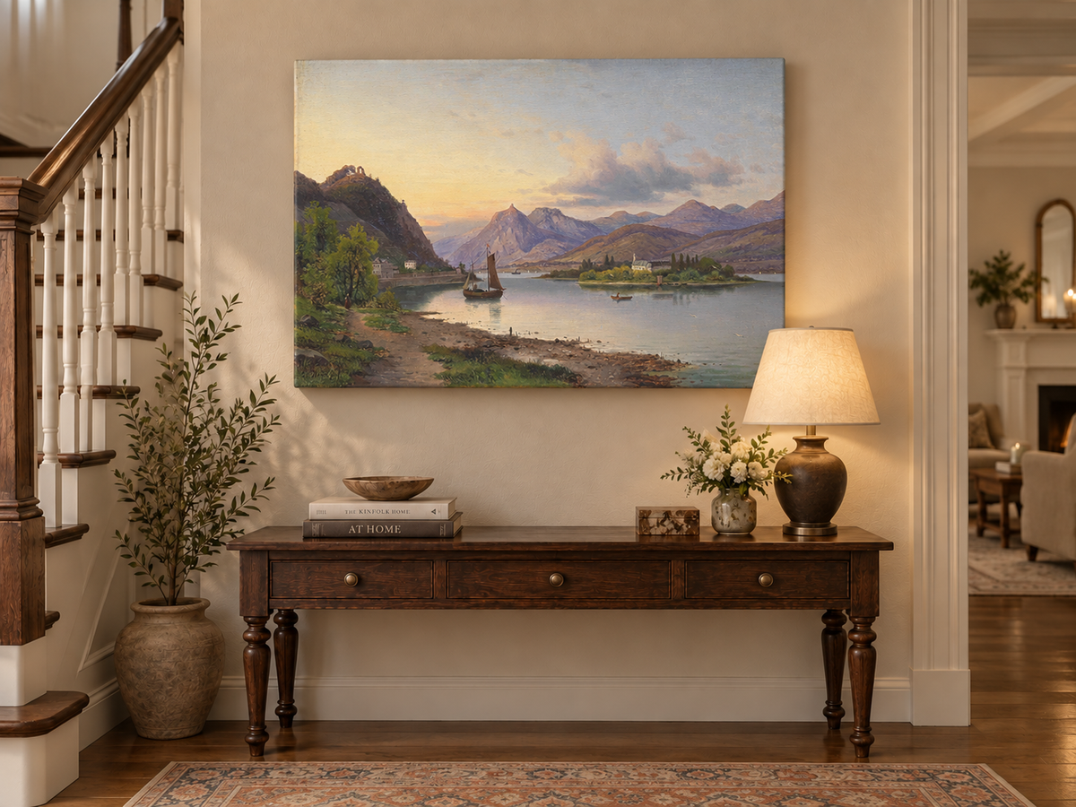 Peinture à l'huile de paysage - Soirée au bord du lac, voilier et montagne